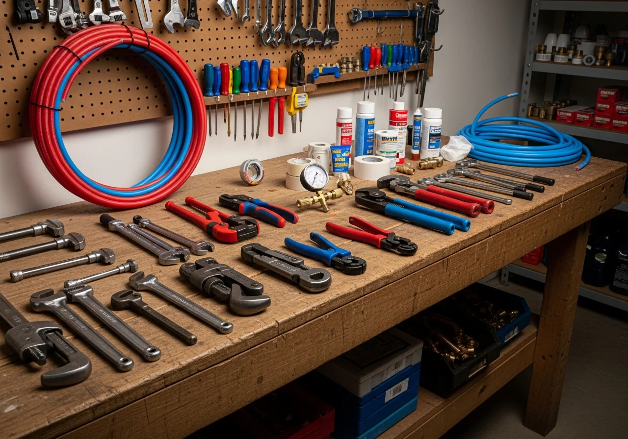 Plumbing tools and equipment arranged on a workbench, ready for service calls.