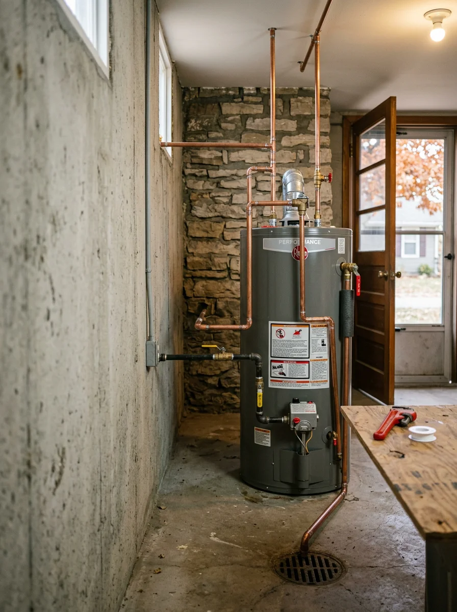 Water heater and supply piping inside a Basehor, Kansas home utility room