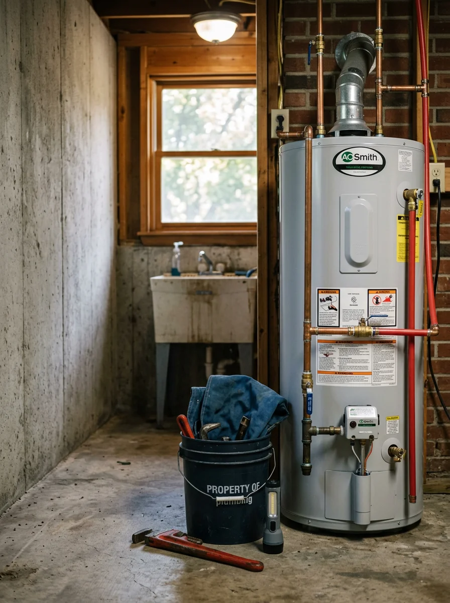 Plumber inspecting a home water heater and supply lines in Blue Springs, Missouri