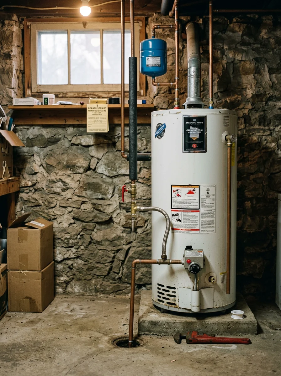 Water heater and supply pipes in a residential utility room in Bonner Springs, KS