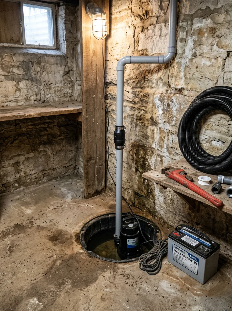 Sump pump installed in a basement sump pit in a De Soto, Kansas home