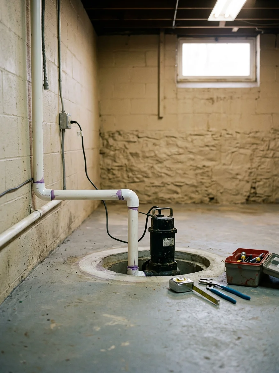 Sump pump installed in a basement sump pit in an Edwardsville, Kansas home