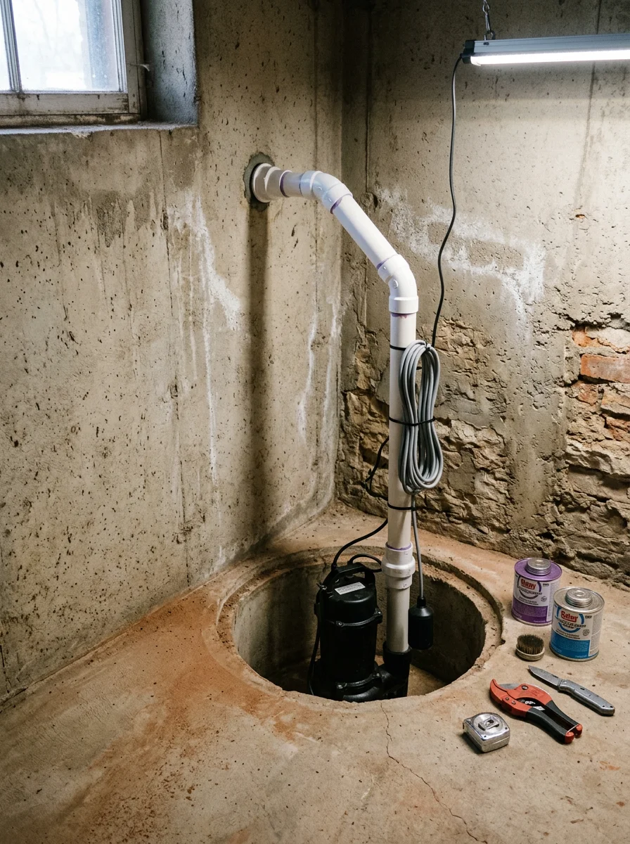 Sump pump installed in a basement sump pit of a home in Eudora, Kansas