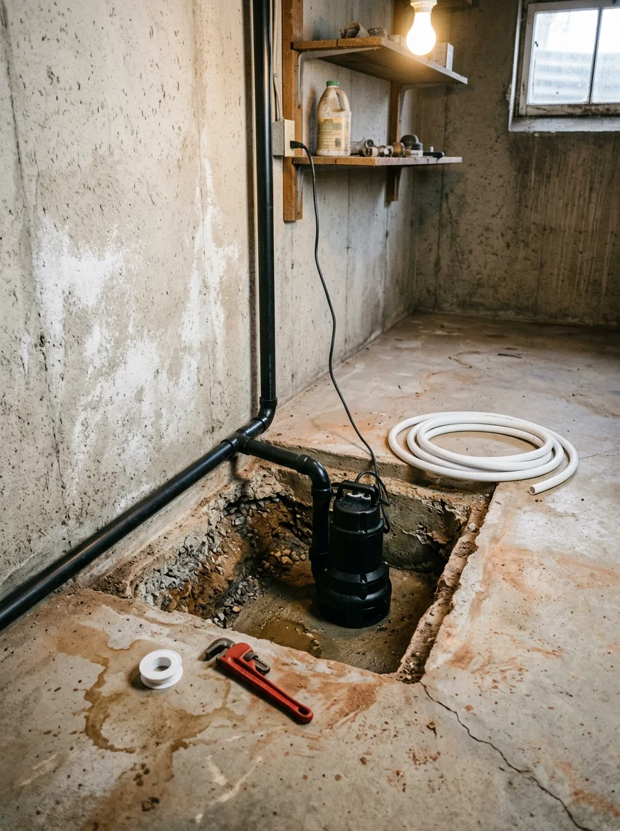 Sump pump installed in a basement sump pit in a Johnson County, Kansas home