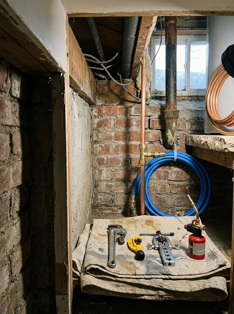 Plumber repairing a residential water line in a Grandview, Missouri home