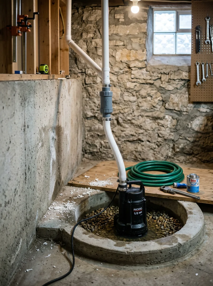 Sump pump installed in a basement sump pit in a Jackson County, Missouri home