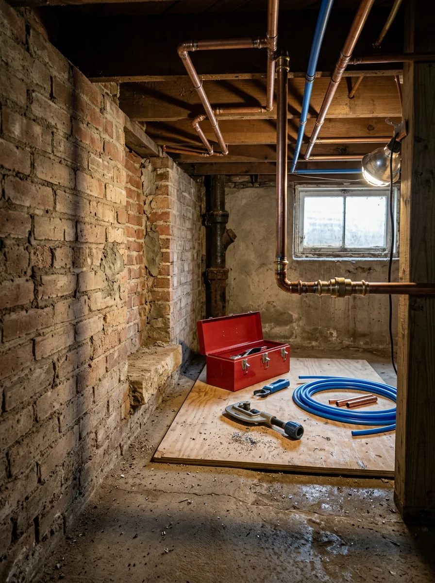 Copper and PEX water supply lines being installed during a whole home repipe in Kansas City, KS