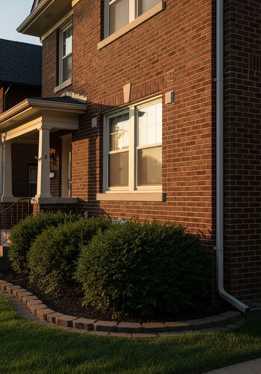 Close-up of a well-maintained Kansas City home exterior with mature landscaping and brick detailing.