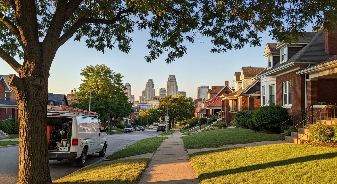 Wide view of Kansas City skyline with residential neighborhoods and tree-lined streets in the foreground.