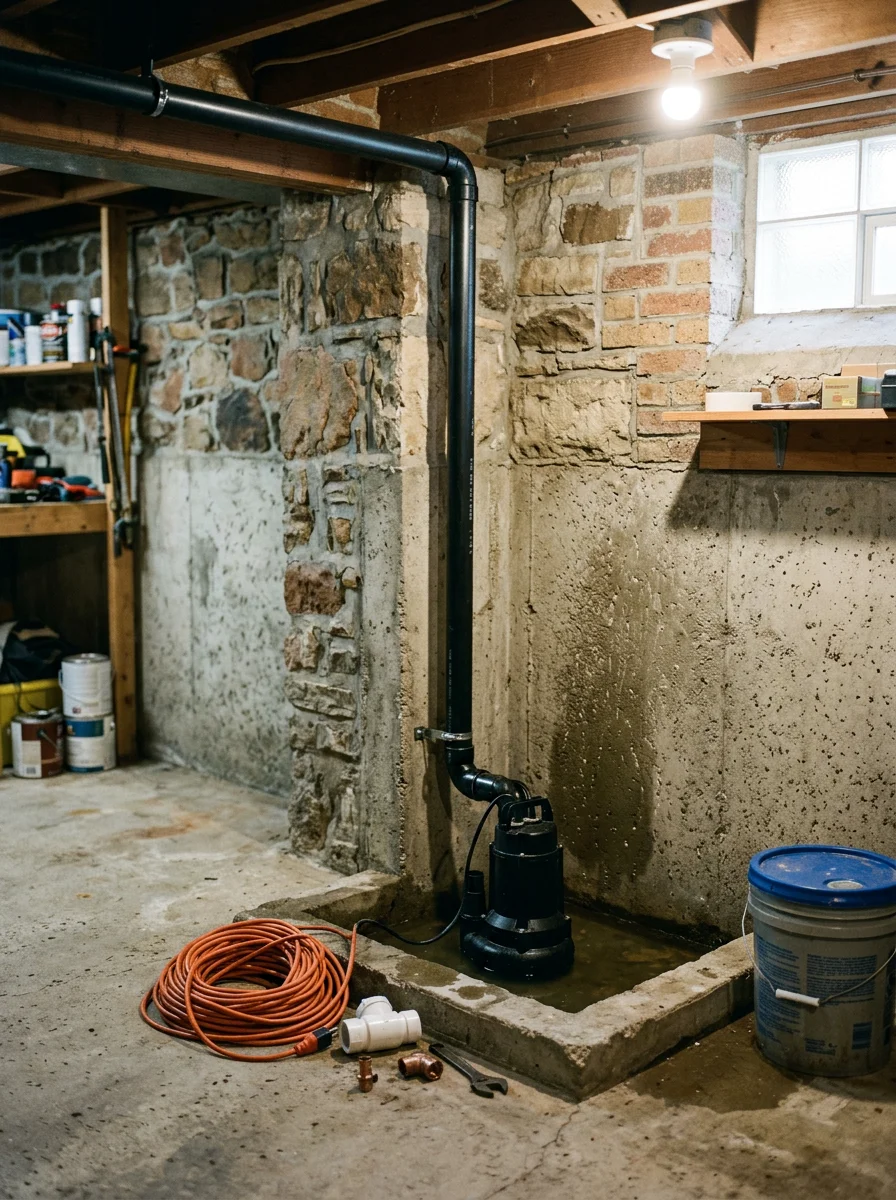 Sump pump installed in a basement in Kearney, Missouri