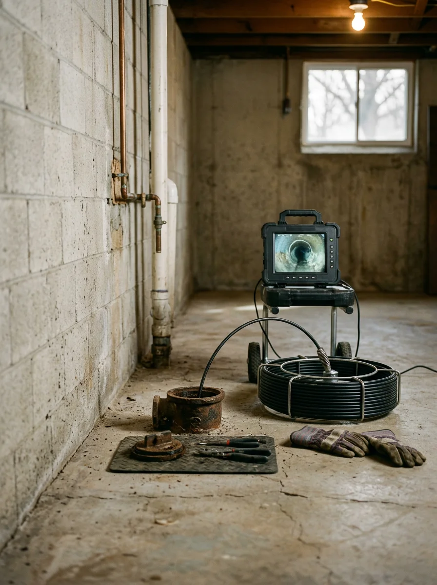 Sewer line camera inspection in an older Liberty, Missouri home