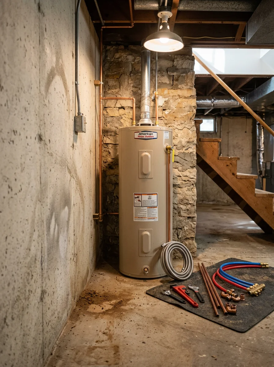Technician installing a water heater in a Merriam, Kansas basement