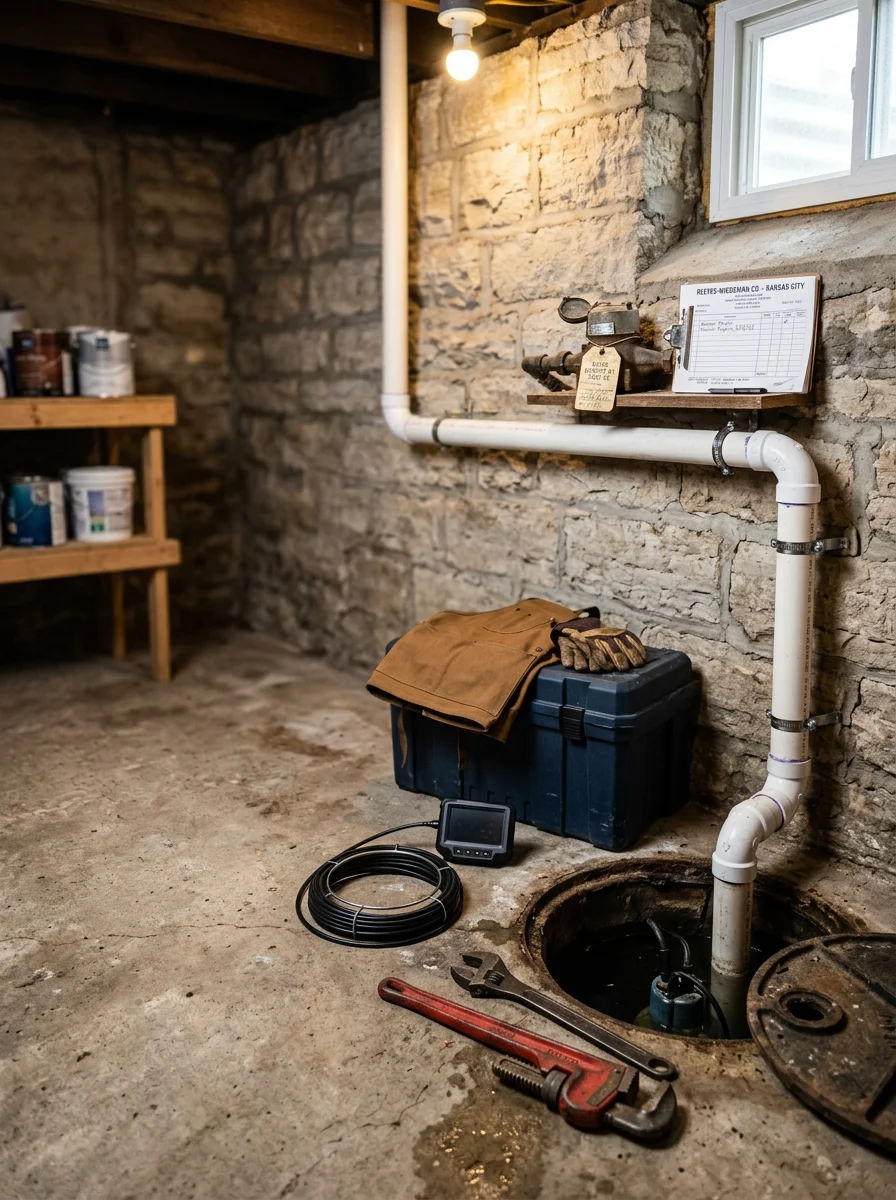Technician inspecting a residential sump pump and water line in Mission, KS