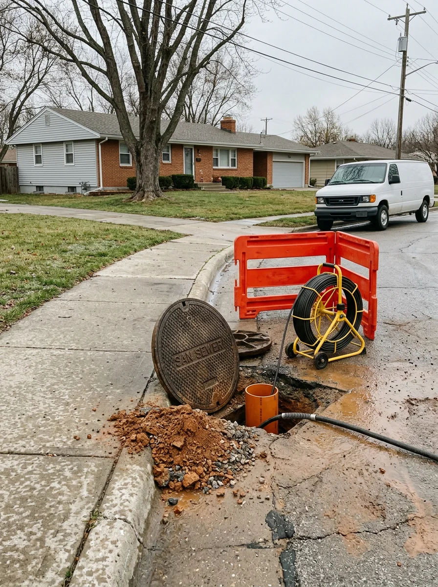 Sewer line inspection and repair work at a North Kansas City, Missouri residence