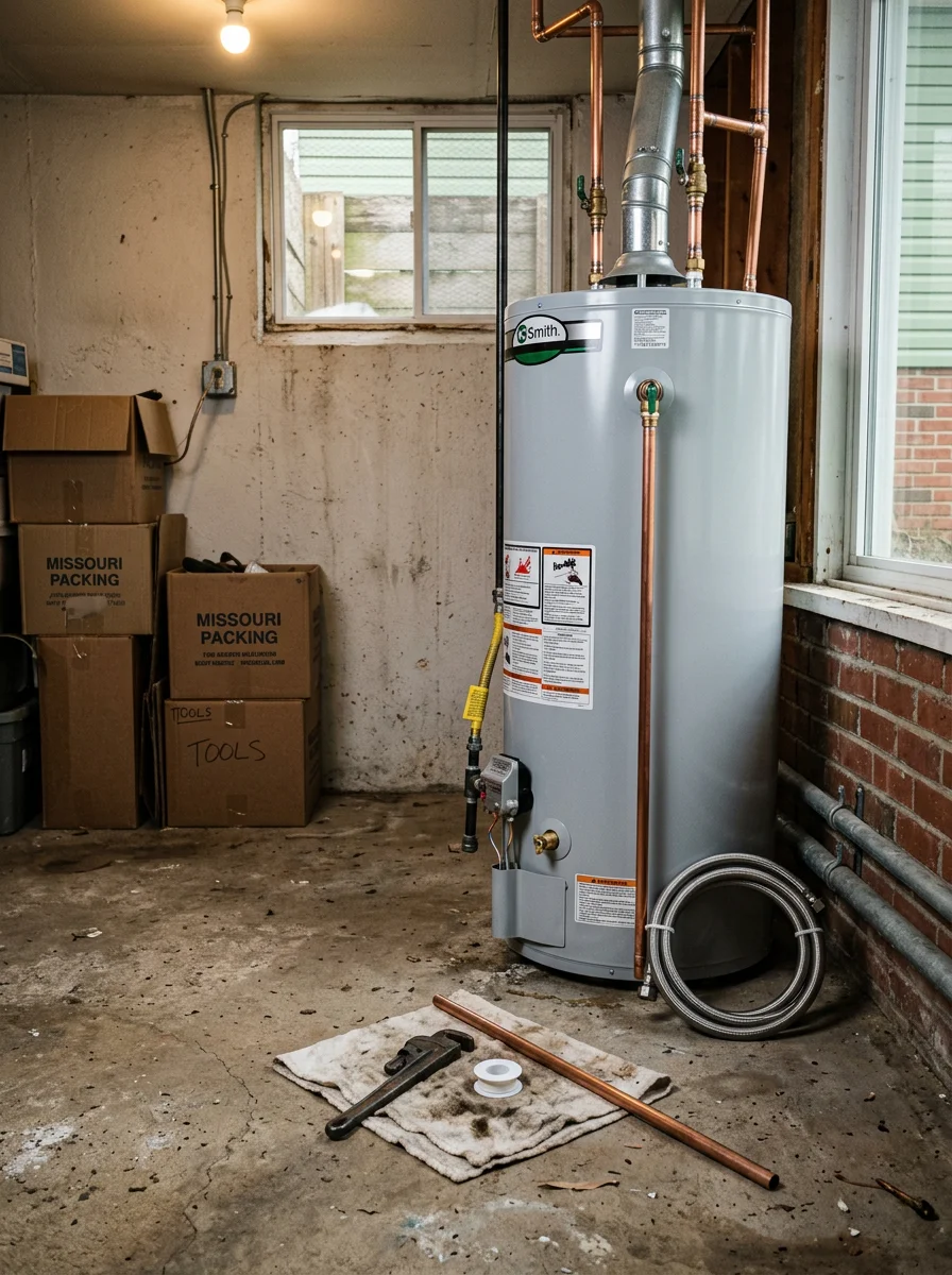 Water heater and plumbing connections in an Oak Grove, Missouri home
