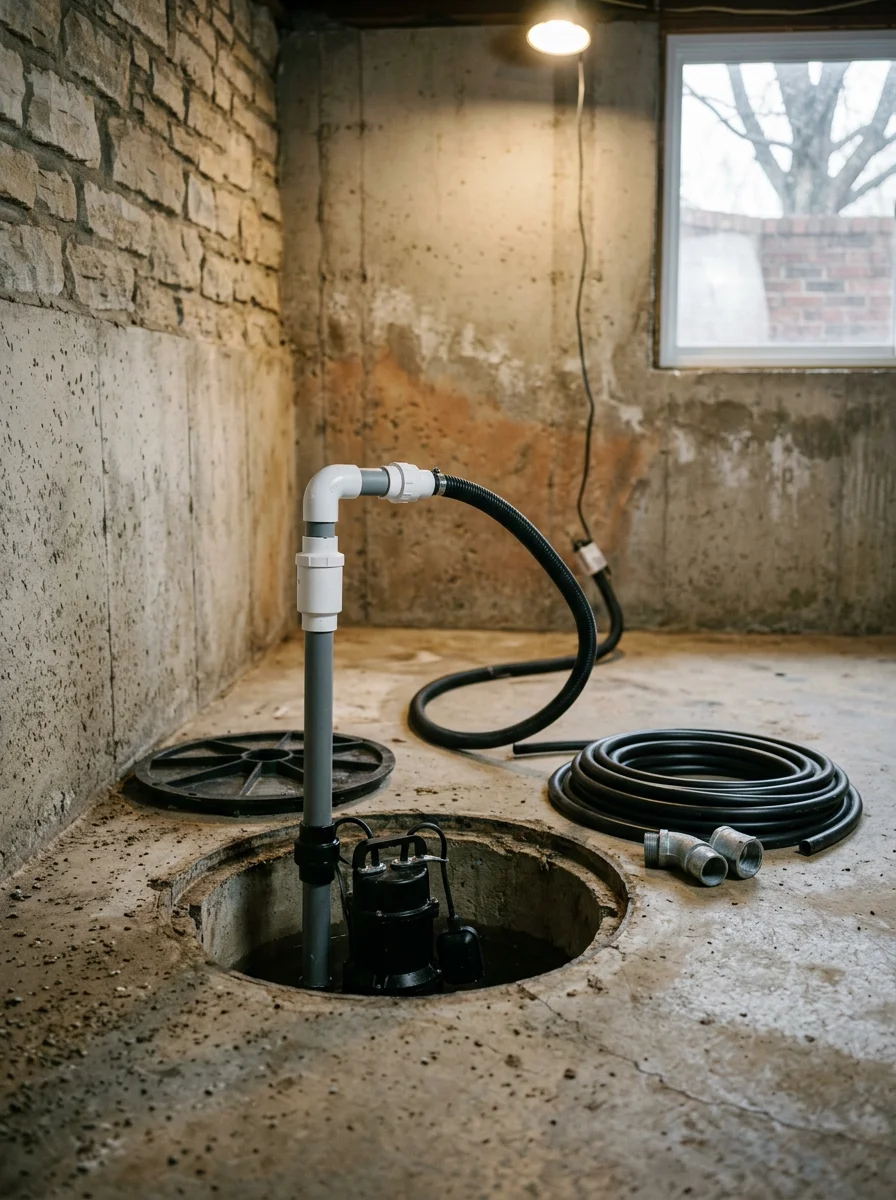 Sump pump installed in a basement sump pit in a Parkville, Missouri home