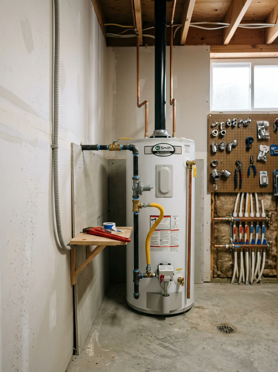 Water heater and gas line connections in a Pleasant Hill, Missouri home utility room