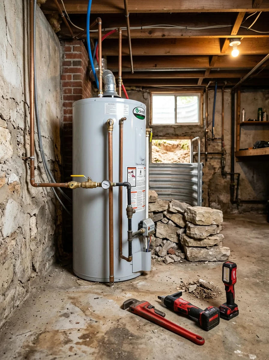 Technician inspecting a basement water heater and supply lines in a Prairie Village home