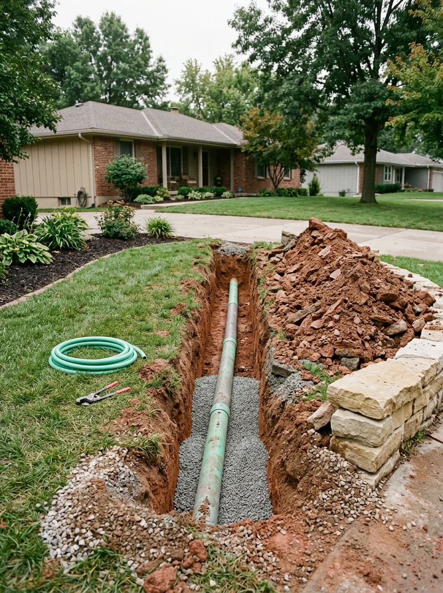 Sewer line work in a residential yard on clay soil in Raymore, Missouri