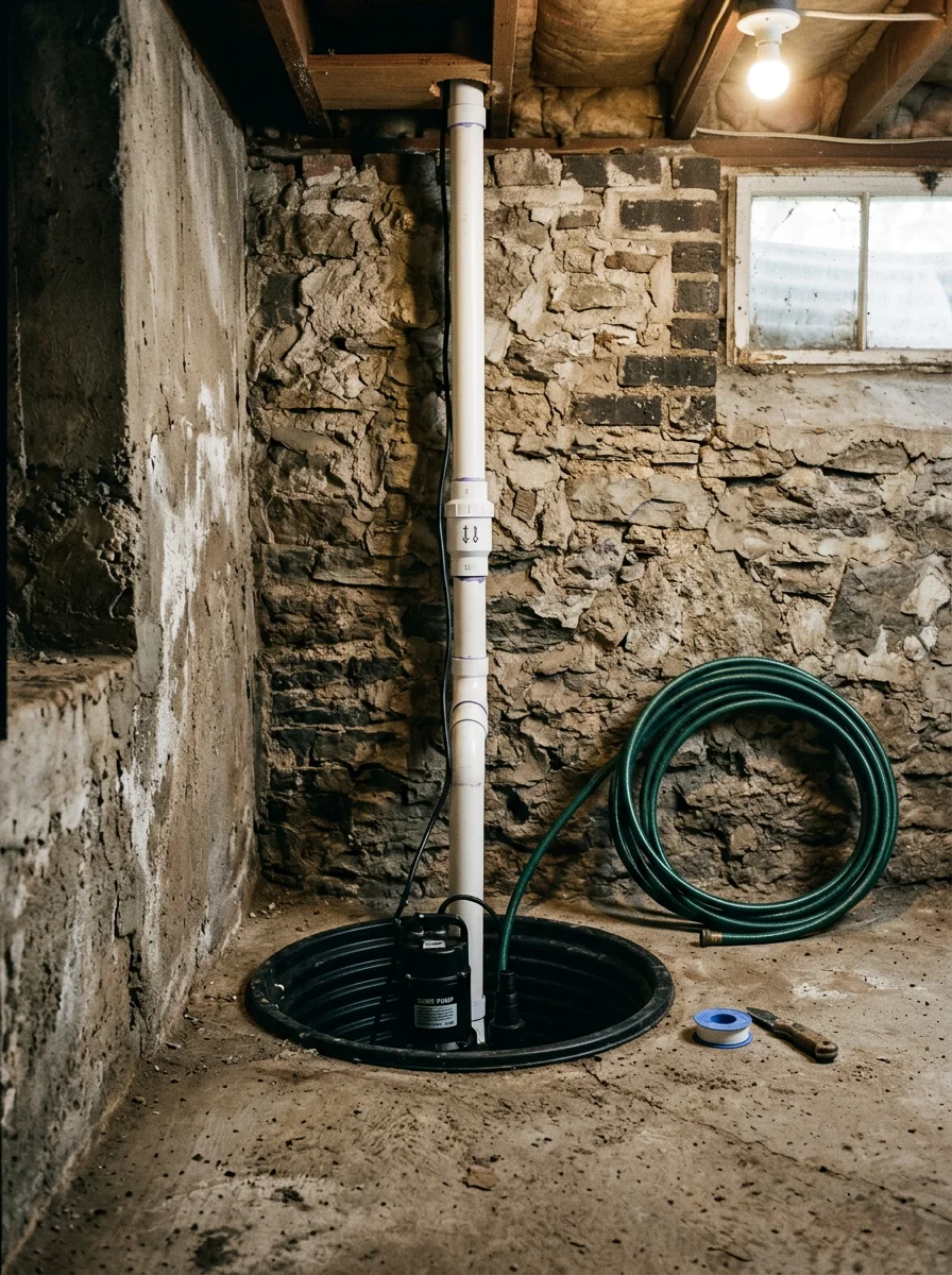Sump pump installed in a Raytown, MO basement sump pit with discharge line