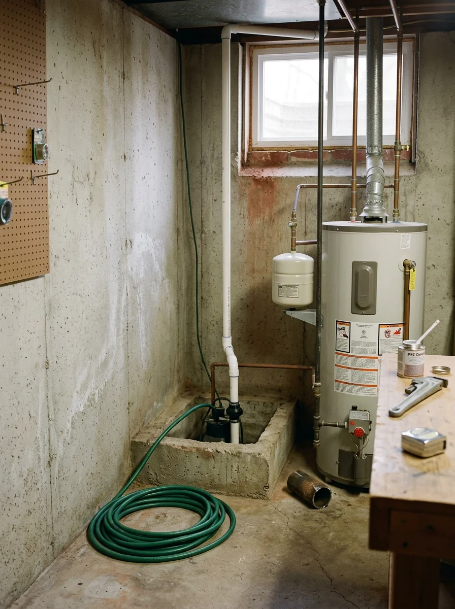 Homeowner's basement sump pump and water heater in a Roeland Park, KS home