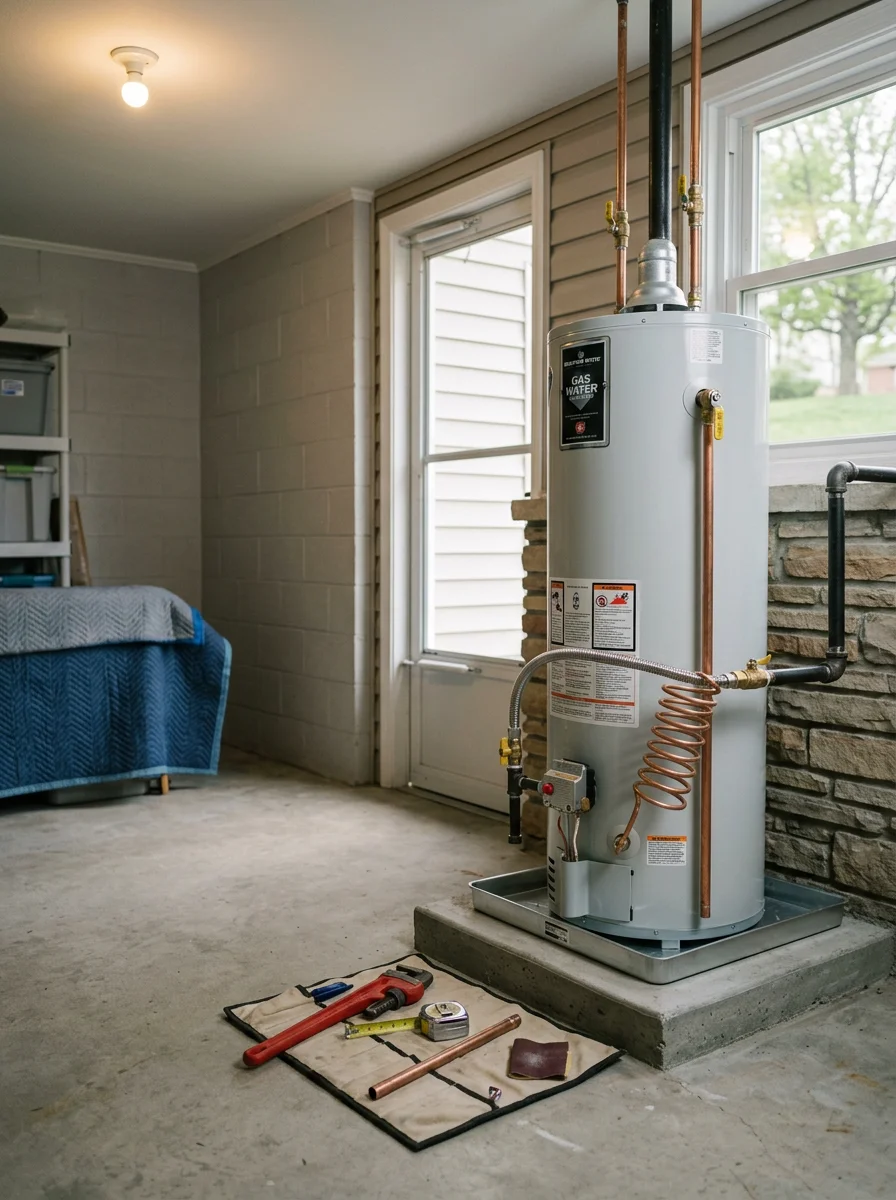 Water heater installation in a utility room of a Shawnee, Kansas home