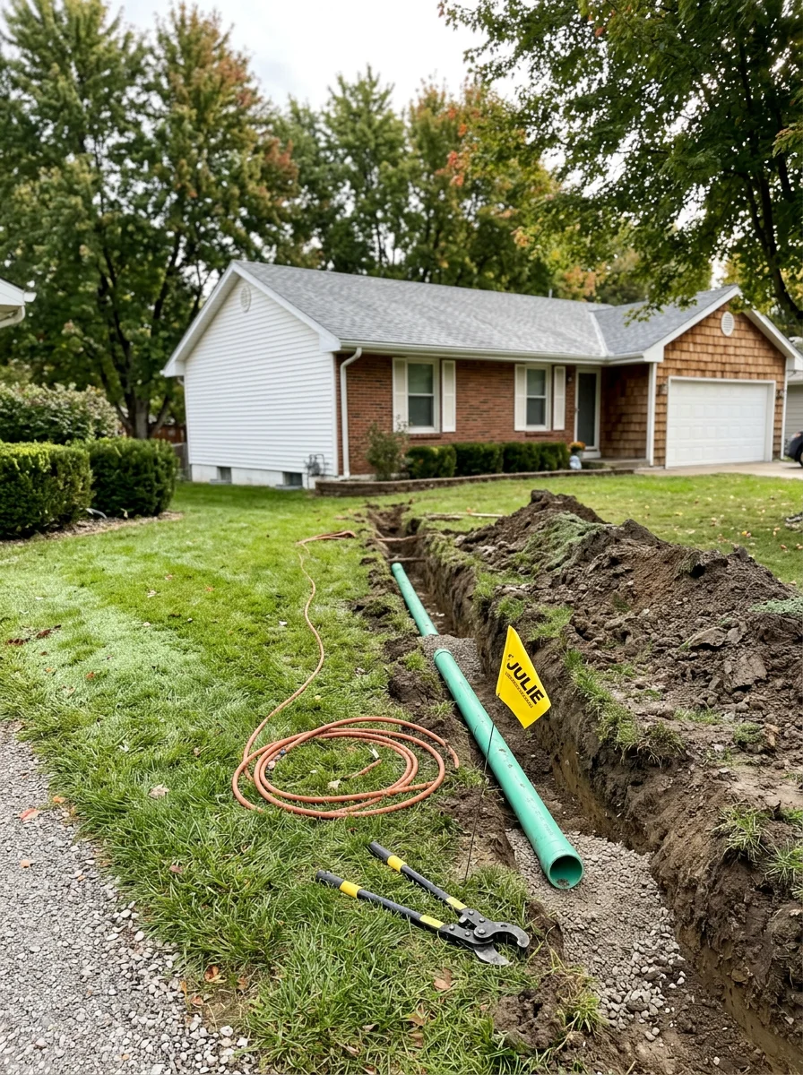 Sewer line repair work in a Smithville, Missouri residential yard