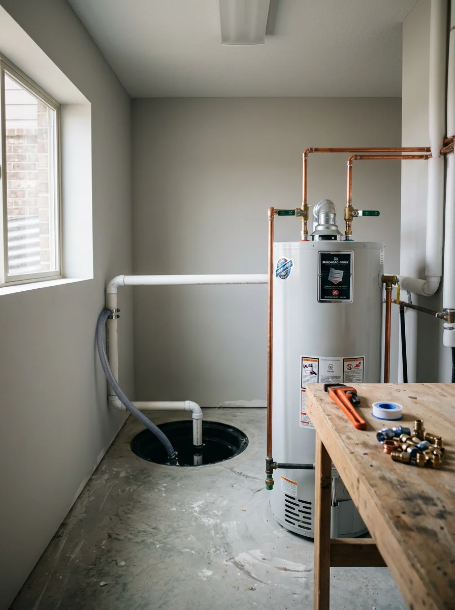 Water heater and sump pump installation in a newer Spring Hill, Kansas home