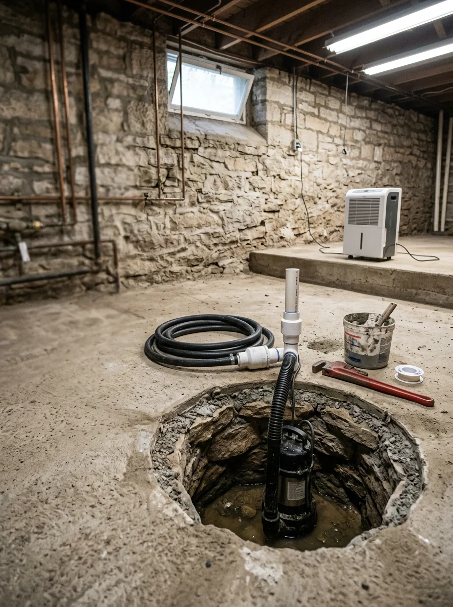 Technician inspecting a sump pump in a basement in Johnson County, Kansas