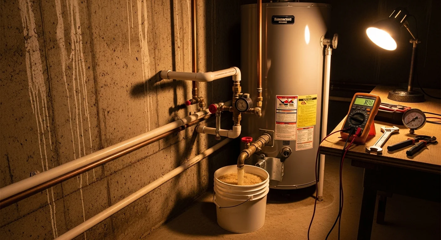 A plumber inspecting a leaking tank-style water heater in a Kansas City basement utility room, with tools and a drain pan visible on the concrete floor. The technician is checking the pressure relief valve and supply line connections on the unit.