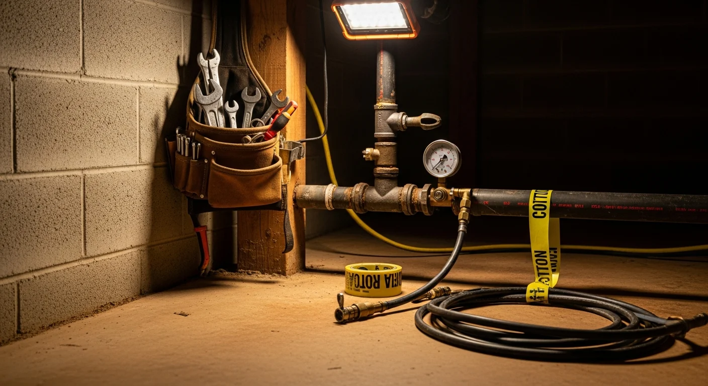 A licensed plumber from Mac Wilson, LLC performing a pressure test on a residential gas line in a Kansas City home. The image shows exposed piping near a utility area with testing equipment attached to the line.