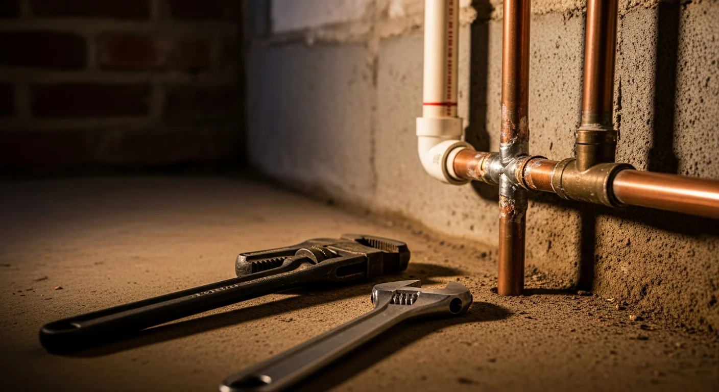 A Kansas City plumber from Mac Wilson, LLC repairing a corroded leaking pipe beneath a residential sink. The repaired pipe section shows clean fittings and no visible moisture or water staining.