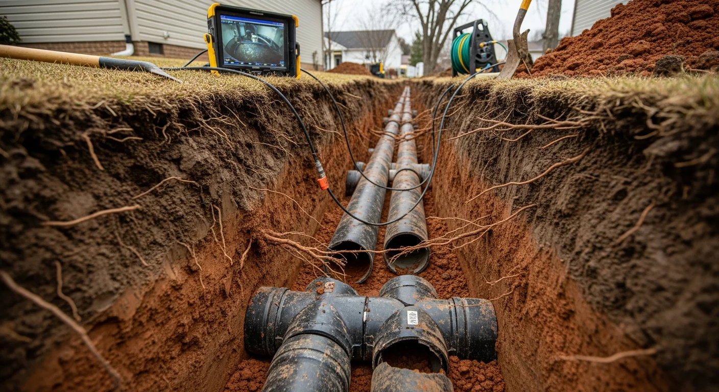 A plumber performing a sewer line camera inspection at a Kansas City residential property, with excavation equipment staged nearby for a sewer repair job. The image shows the underground pipe access point in a residential yard with clay soil visible around the dig site.