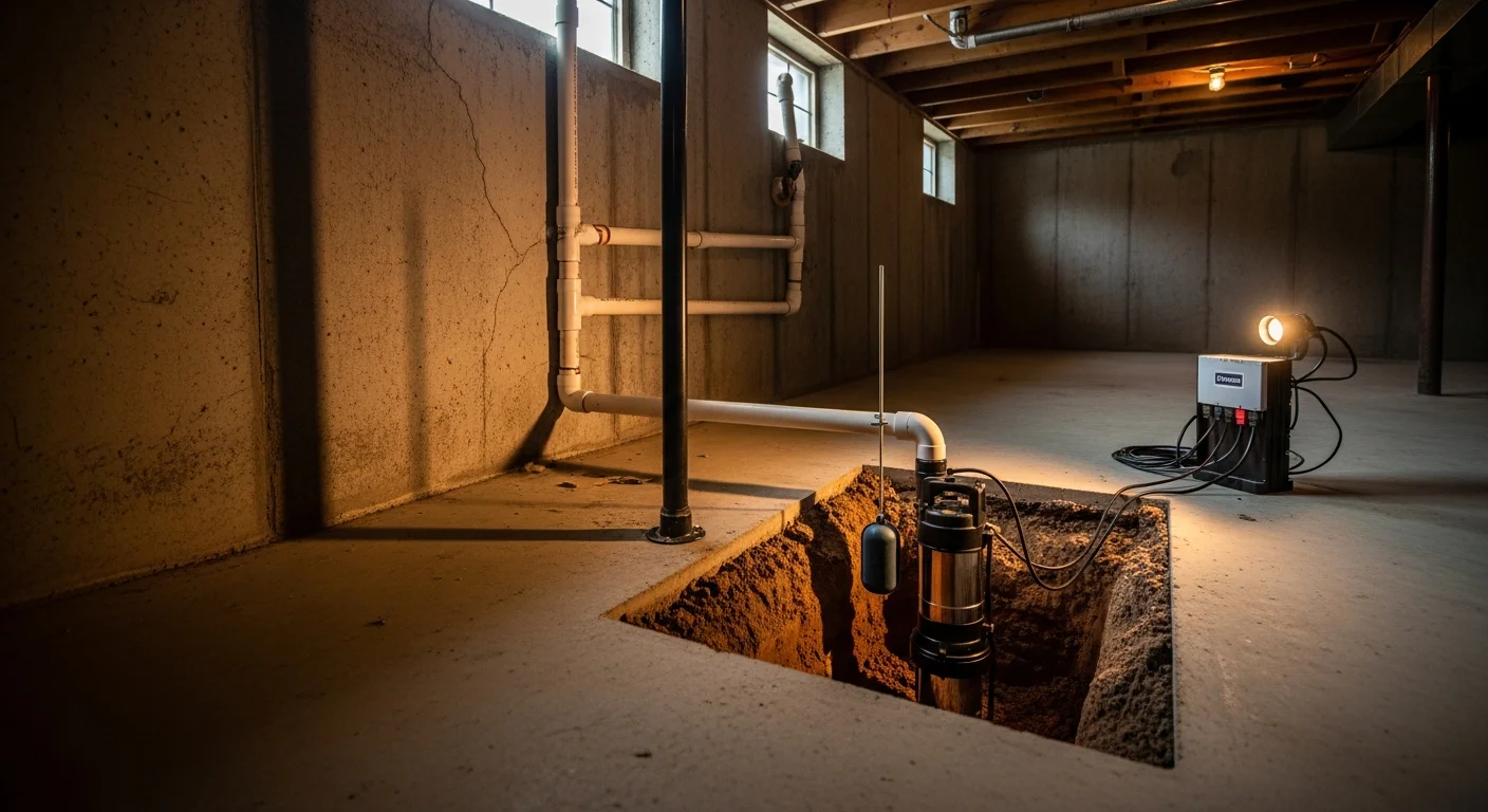 A newly installed submersible sump pump seated in a concrete pit at the lowest point of a Kansas City home's basement floor. A PVC discharge line runs from the pump up the basement wall and out through the foundation to redirect groundwater away from the home.