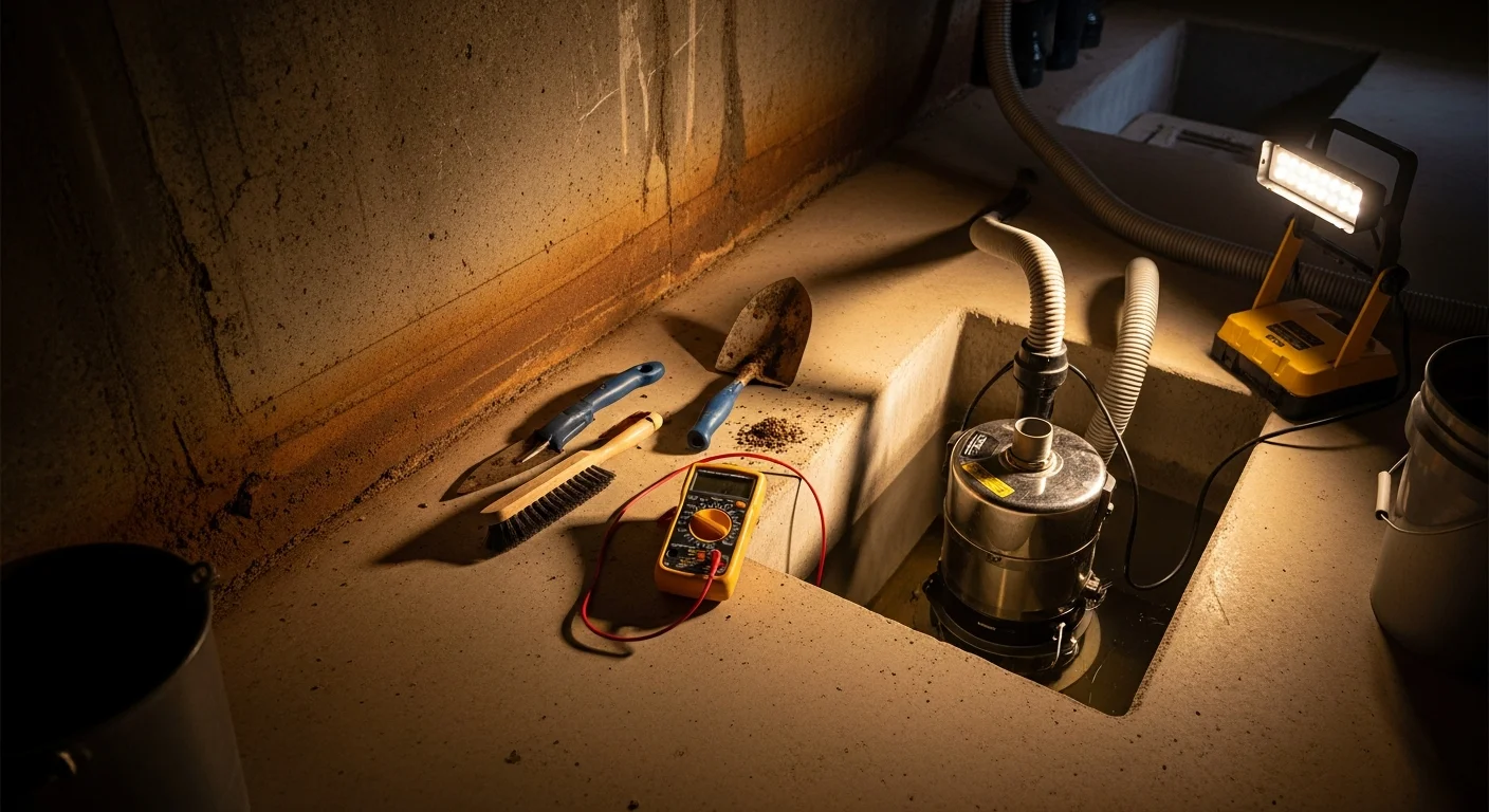 A technician inspecting a residential sump pump and pit in a Kansas City basement, checking the float switch and discharge line during a routine maintenance visit. The surrounding area is dry and clear, showing a well-maintained system in a home with a connected septic system.