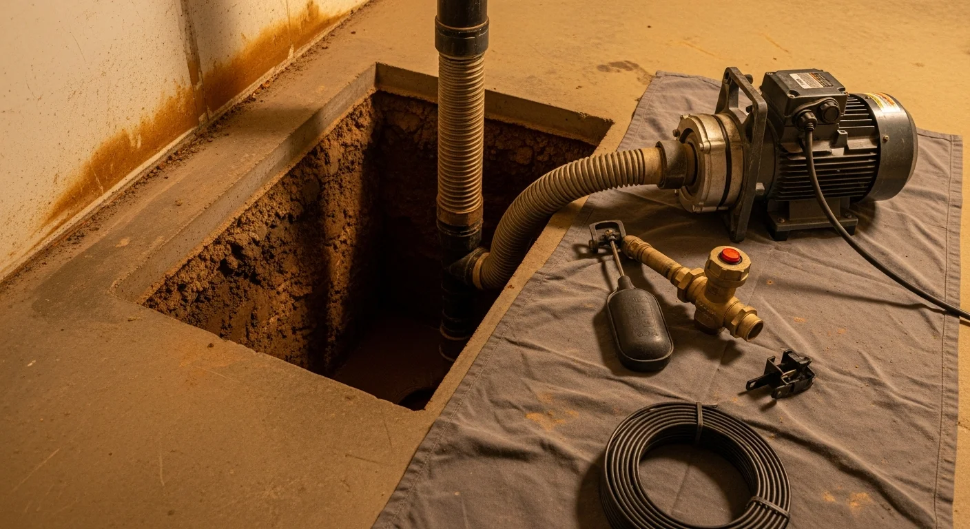 A technician inspecting a residential sump pump pit in a Kansas City basement, checking the float switch and discharge line for signs of wear or blockage. The pit shows standing water and the pump motor is visible at the base of the basin.