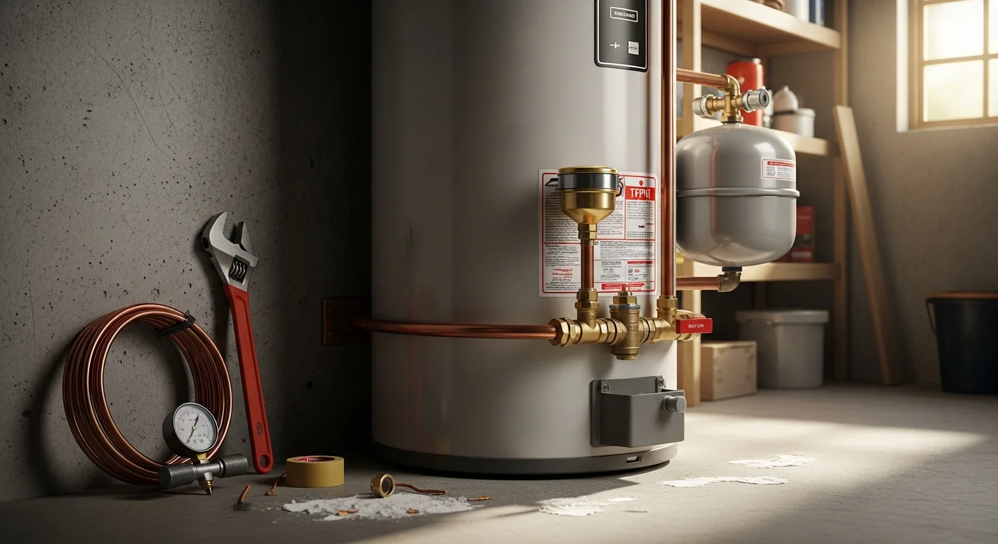 A newly installed tank-style water heater in a Kansas City home utility room, with visible T&P relief valve, expansion tank, and properly routed venting connections. The installation shows clean copper pipe connections and code-compliant clearances around the unit.