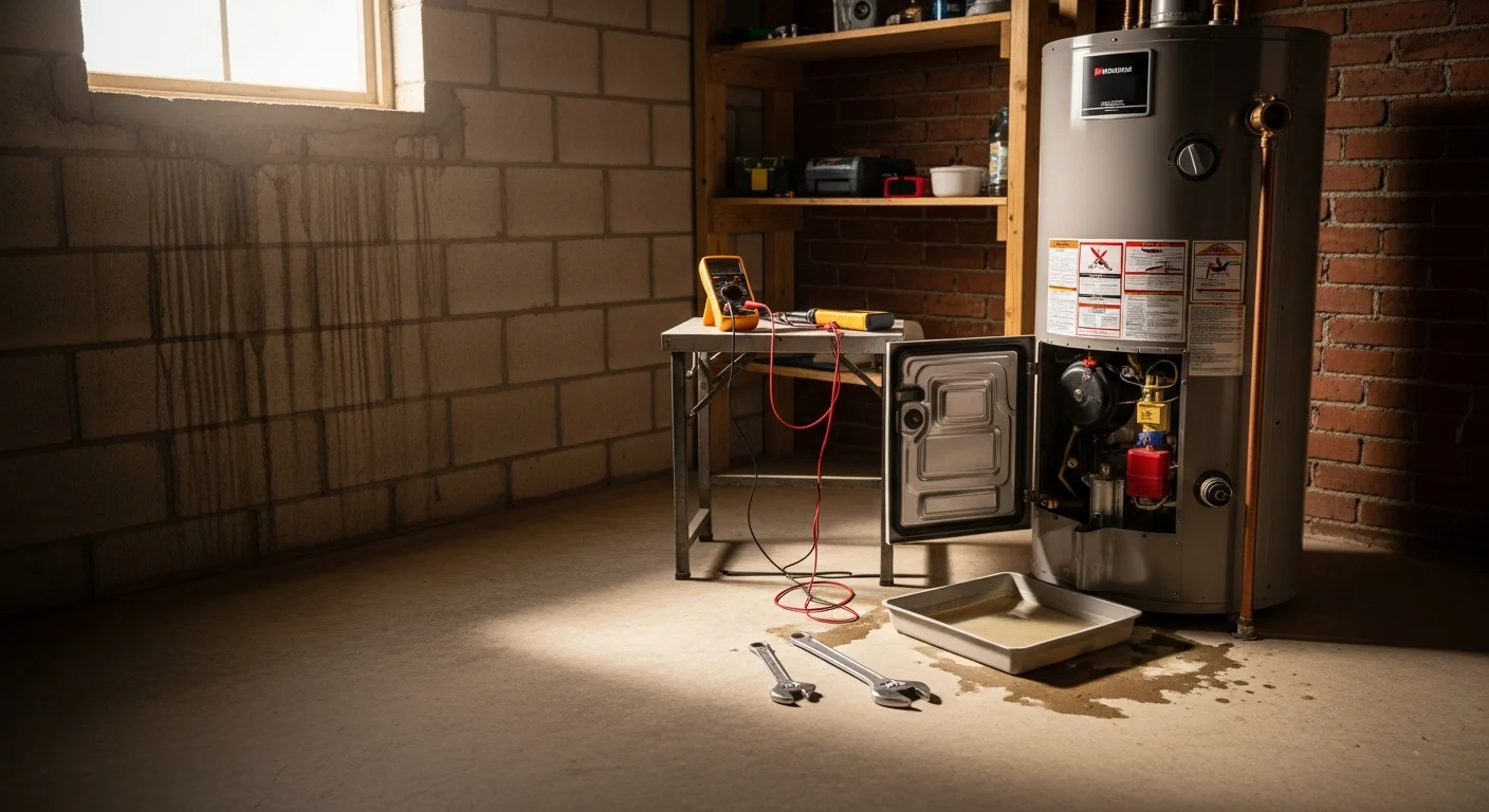 A plumber inspecting a residential tank water heater in a Kansas City basement, checking connections and the pressure relief valve. The unit shows signs of sediment buildup around the base, common in Kansas City homes with hard water.