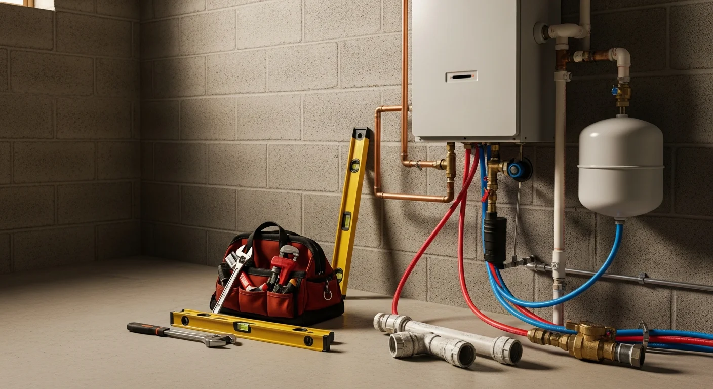 A newly installed tank-style water heater in a Kansas City home basement, with fresh copper supply lines and a thermal expansion tank mounted on the cold water feed. The surrounding utility area is clean and dry with no signs of prior leakage.