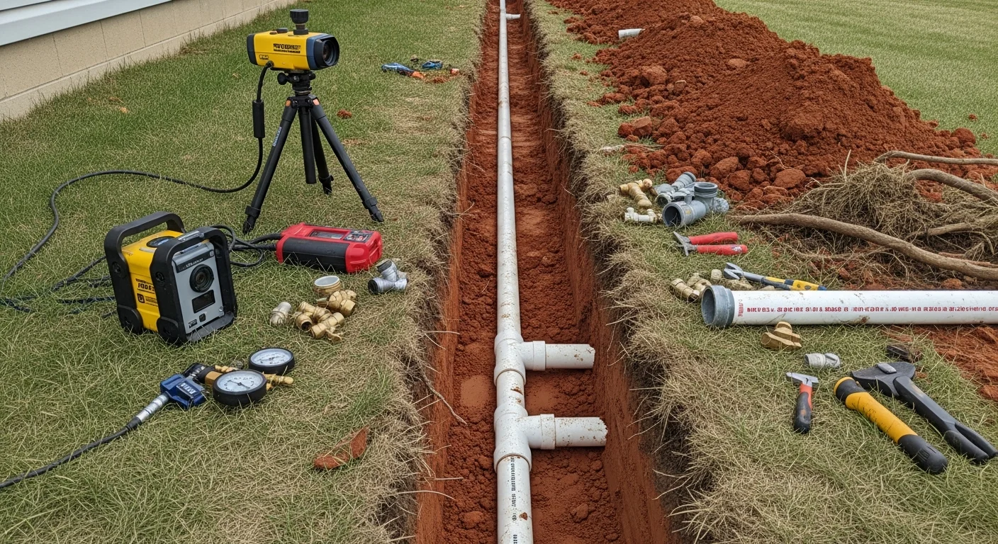 A plumber inspecting an exposed underground water service line in a Kansas City residential yard, with clay soil visible around the excavated pipe. The image shows a corroded section of pipe being assessed before repair or replacement.