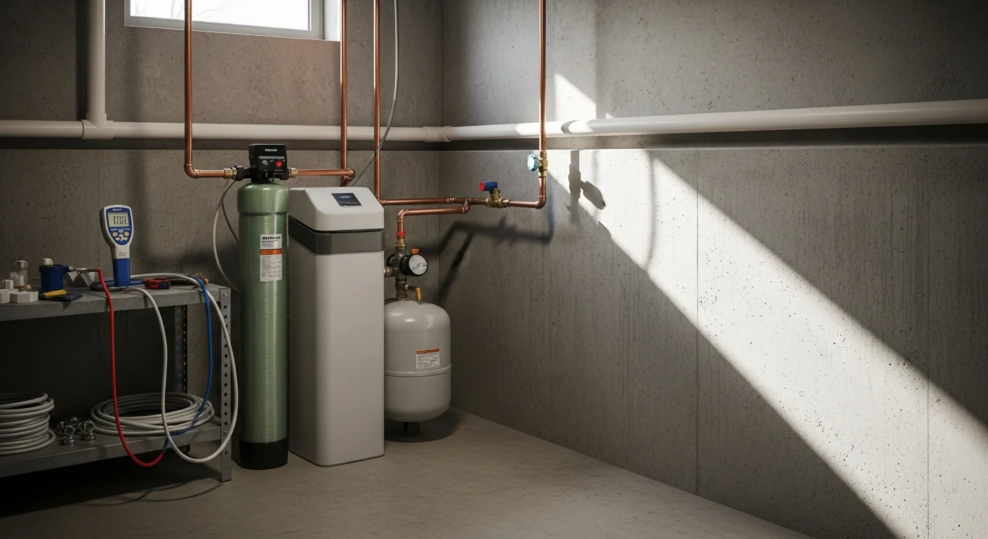 A newly installed water softener unit connected to the main water supply line in the utility room of a Kansas City home. The system sits on a clean concrete floor with copper pipe connections and a salt reservoir beside it.