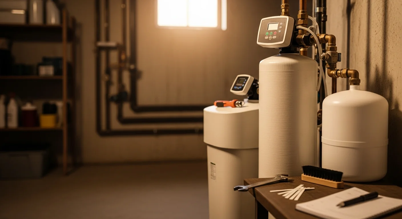 A water softener system installed in a Kansas City home utility room, with a technician inspecting the brine tank and control valve during a routine service visit.